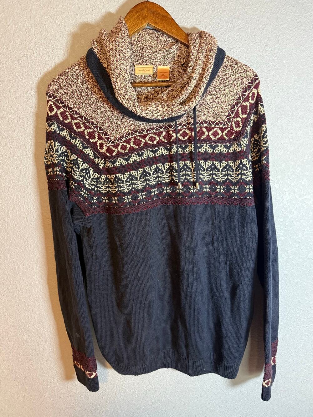NorthCrest Women’s XL 18 Fair Isle Cowl Neck Cotton Sweater Nordic Blue Burgundy